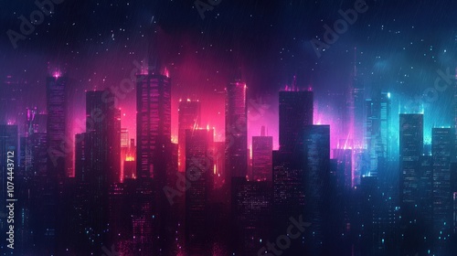 Cyberpunk background with neon-lit skyscrapers in pink, blue, and purple hues, against a dark, rainy night sky