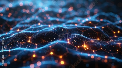 Abstract Digital Landscape with Glowing Nodes and Wavy Patterns Representing Data Flow and Connectivity in a Futuristic Environment