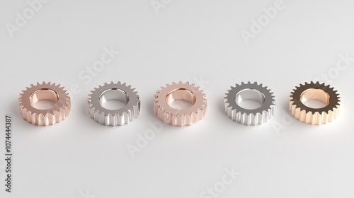 A row of five gold and silver gears are shown in a close up