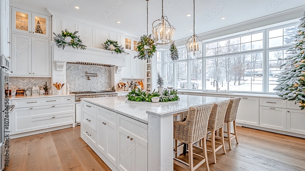 Photo of an elegant modern kitchen with white cabinets and marble countertops, a centered island with greenery and Christmas decorations, Photo of an elegant modern kitchen with white cabinets and marble countertops, a centered island with greenery and Christmas decorations,