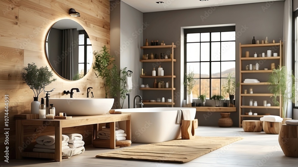 a modern, roomy bathroom with a blurred background, and a rustic wooden table with a spa shower set and a product display space. a modern, roomy bathroom with a blurred background, and a rustic wooden table with a spa shower set and a product display space.