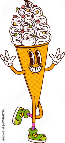 Cartoon ice cream cone funny groovy hippie sweet dessert character. Isolated vector summer food personage, positive waffle cone with tasty icecream swirls, sprinkles and smile, exuding retro vibes