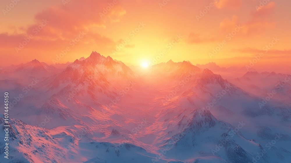 Nature background of snowy mountains and orange sky at sunset reflecting warm colors all over the landscape Nature background of snowy mountains and orange sky at sunset reflecting warm colors all over the landscape
