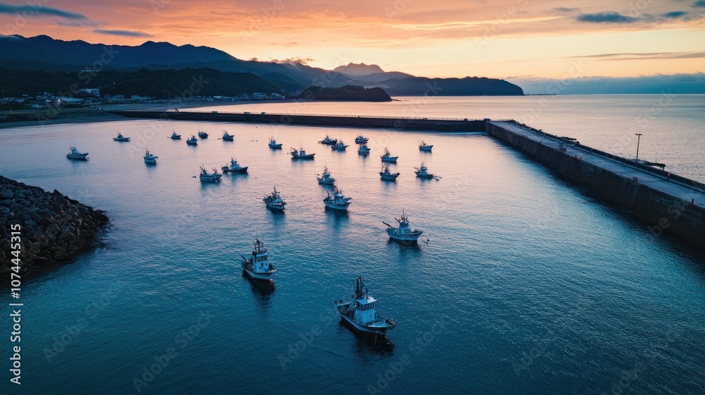 Fototapeta premium A serene harbor at sunset with fishing boats anchored in calm waters.