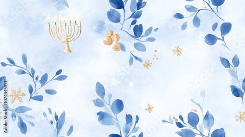 Watercolor painting of a blue and gold menorah with leaves, snowflakes and dots.