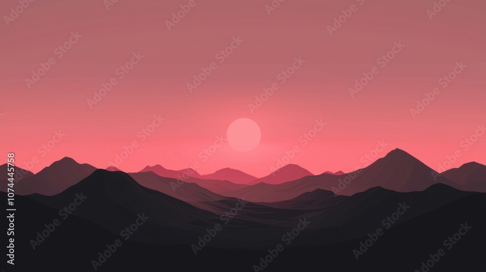A beautiful mountain landscape with a pink sky and a large sun A beautiful mountain landscape with a pink sky and a large sun