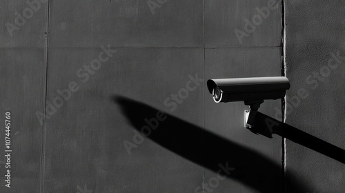 A monochrome surveillance camera mounted on a wall, casting a long shadow.