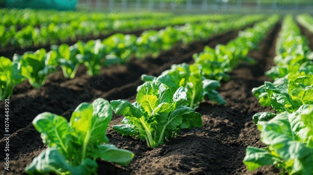 Fresh green lettuce growing in rows on a farm field, close-up perspective. Fresh green lettuce growing in rows on a farm field, close-up perspective.