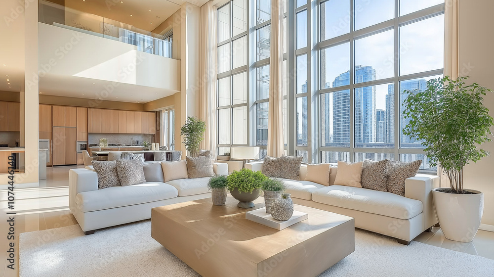 Spacious Luxury Living Room with Floor-to-Ceiling Windows Overlooking Urban Skyline Spacious Luxury Living Room with Floor-to-Ceiling Windows Overlooking Urban Skyline