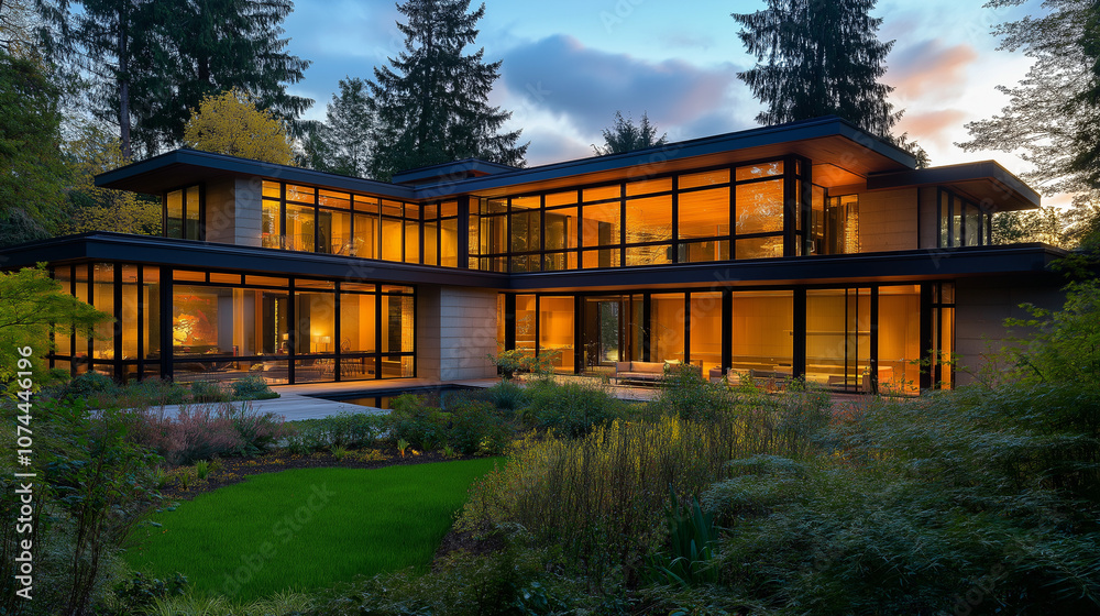 Elegant Modern Glass Villa Nestled in a Tranquil Forest Setting with Warm Evening Lights Elegant Modern Glass Villa Nestled in a Tranquil Forest Setting with Warm Evening Lights