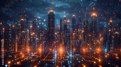 Futuristic Cityscape at Night with Glowing Lights and Advanced Technology Elements Representing Innovation and Urban Development in a Digital World