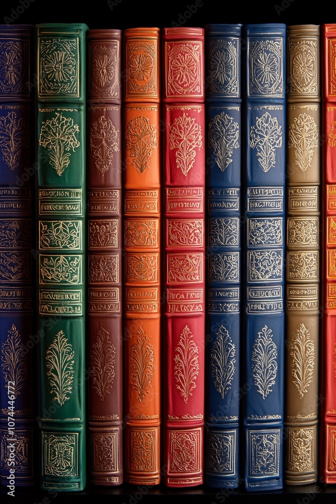 A bookshelf filled with colorful leather-bound books, showcasing the beauty of vintage library aesthetics. A bookshelf filled with colorful leather-bound books, showcasing the beauty of vintage library aesthetics.