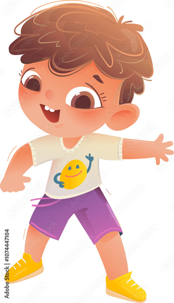 Happy active little boy character design, energetic and playful kid in action. Happy schoolboy child dancing or showing. School or kindergarten children cartoon. Vector illustration isolated clip art Happy active little boy character design, energetic and playful kid in action. Happy schoolboy child dancing or showing. School or kindergarten children cartoon. Vector illustration isolated clip art
