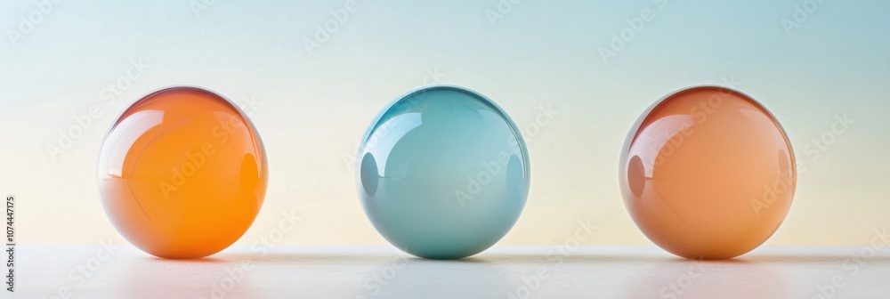 Three marbles of different colors are placed on a white surface