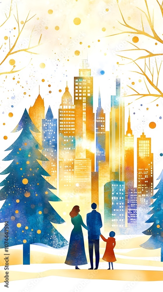 Obraz premium Family Winter Cityscape Watercolor