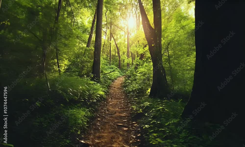 A serene forest path illuminated by sunlight, inviting exploration and tranquility.