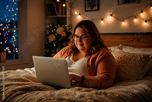 Plump overweight young woman in pajamas asitting comfortably on bed,using laptop to chat and make new friends online via social network or dating website, smiling photo