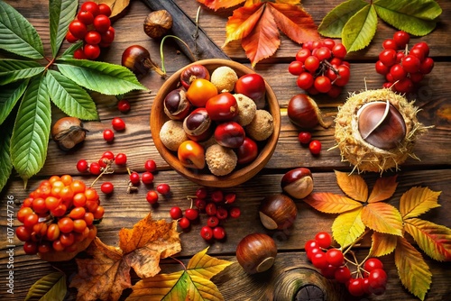 Captivating Autumn Harvest: Conkers, Mushrooms, and Rowen Berries Gathered from the Forest Floor During the Foraging Season in Vibrant Fall Colors photo