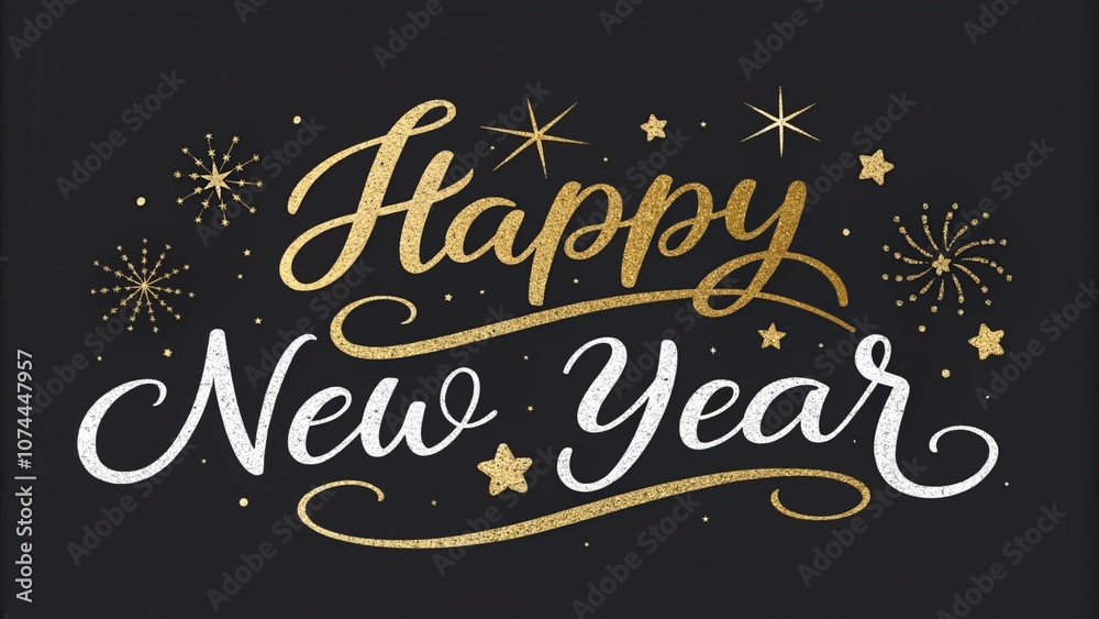 Happy New Year calligraphy in golden hand-drawn text on a black background, offering an elegant and sophisticated design for New Year's greetings.
Happy New Year calligraphy in golden hand-drawn text on a black background, offering an elegant and sophisticated design for New Year's greetings.