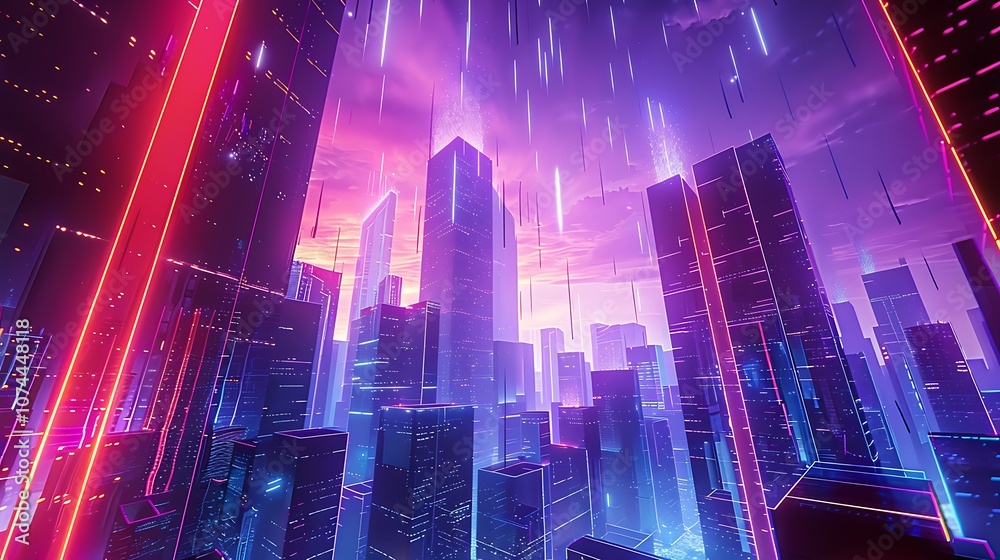 A futuristic cityscape with a blend of 2D and 3D elements 