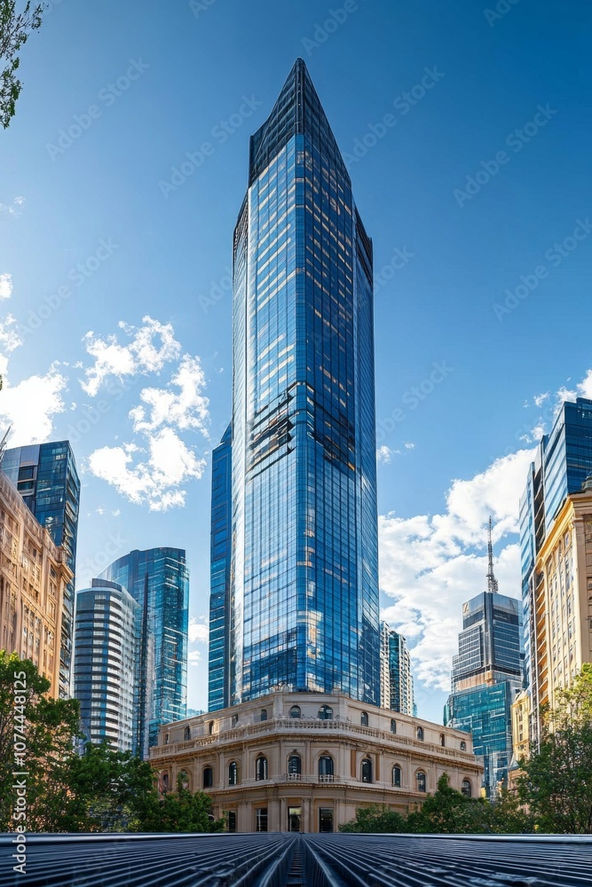 Modern Skyscrapers, Including a Striking Triangular Tower, Reach for the Sky on a Sunny Day. Modern Skyscrapers, Including a Striking Triangular Tower, Reach for the Sky on a Sunny Day.