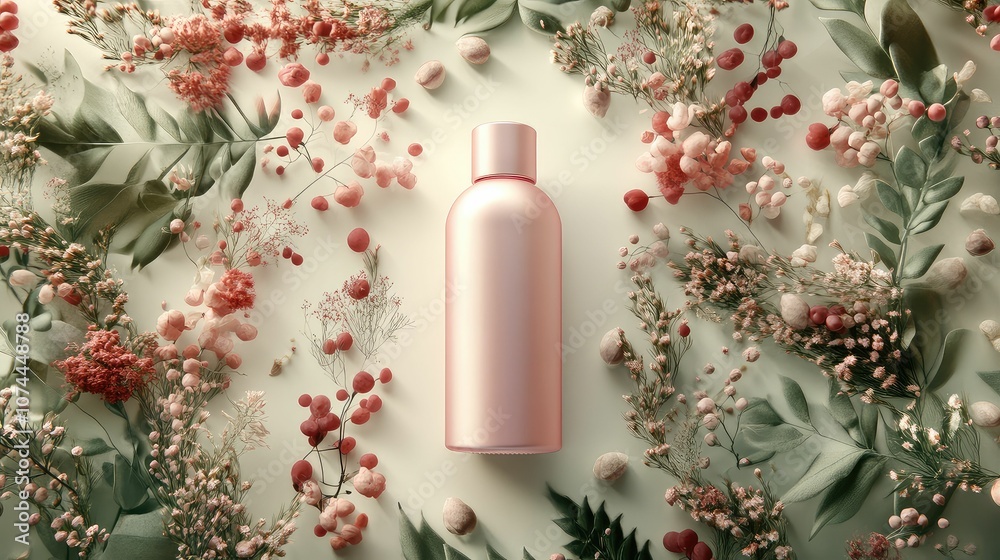 Cosmetic bottle mockup, surrounded by organic elements, creative composition, 3D illustration. perfect for skincare or makeup products. Cosmetic bottle mockup, surrounded by organic elements, creative composition, 3D illustration. perfect for skincare or makeup products.