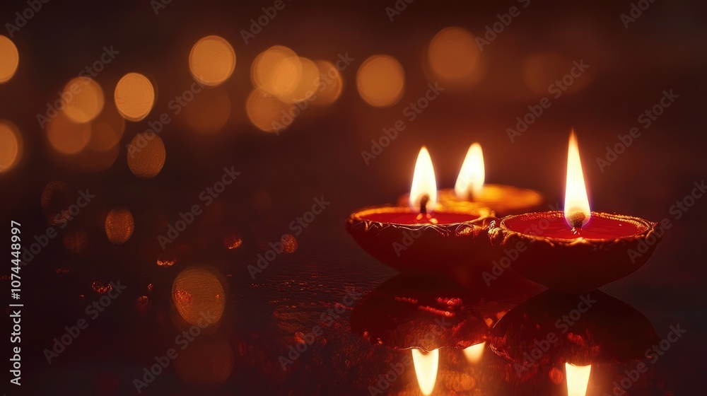 Three Lit Clay Diyas with Warm Bokeh Lights Three Lit Clay Diyas with Warm Bokeh Lights