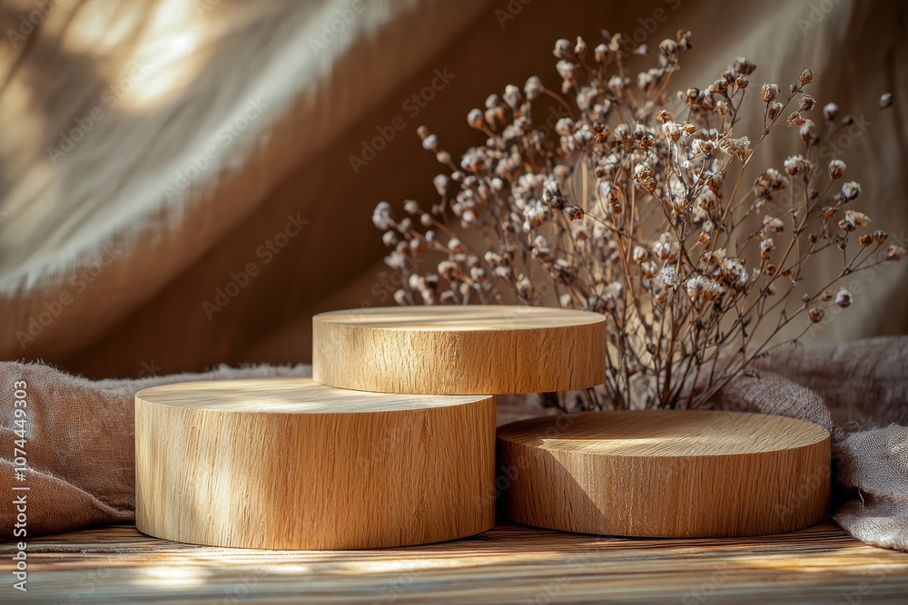 Rustic wooden podium with dried flowers for product display Rustic wooden podium with dried flowers for product display