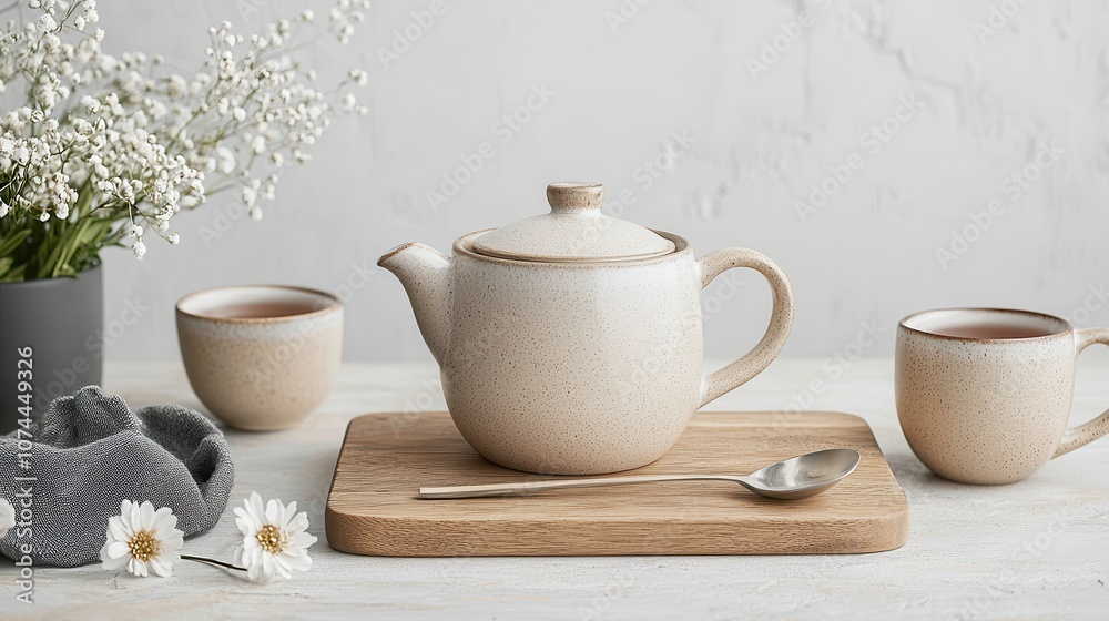 A serene tea set arranged with a teapot and cups on a wooden board, accompanied by delicate flowers, evoking a cozy, peaceful atmosphere. A serene tea set arranged with a teapot and cups on a wooden board, accompanied by delicate flowers, evoking a cozy, peaceful atmosphere.