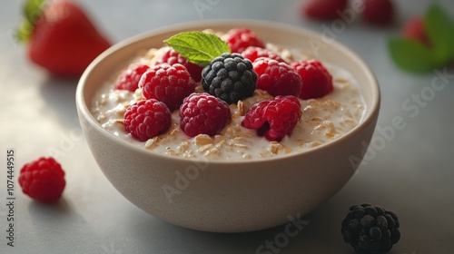 Bowl of oatmeal with raspberries, blackberries and mint.