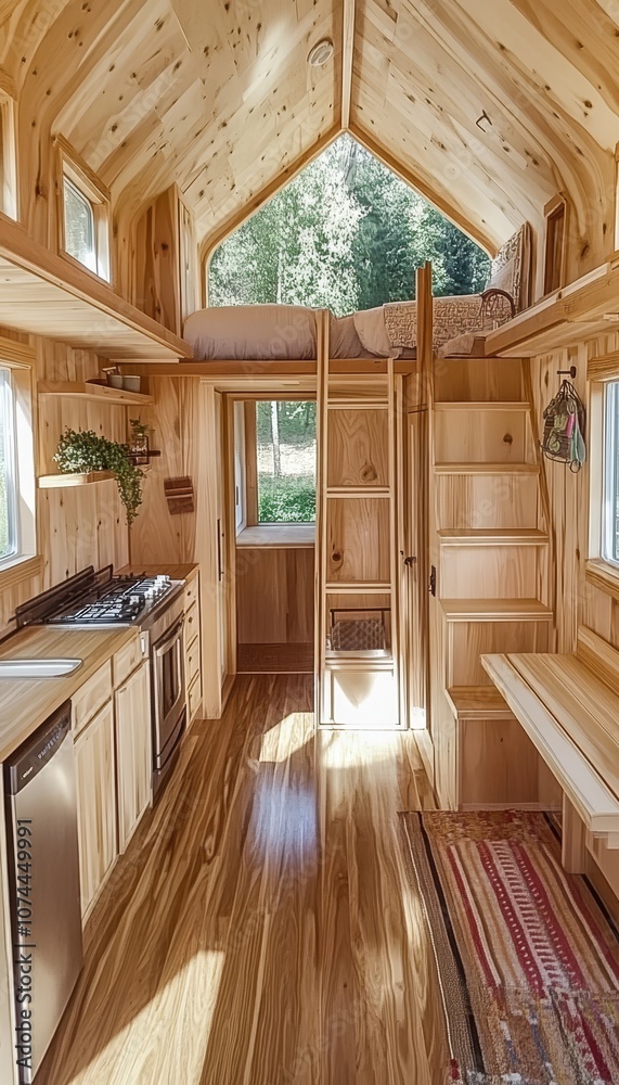Scandinavian Style Tiny Home Interior With Loft Bedroom, Large Window And Natural Wood Scandinavian Style Tiny Home Interior With Loft Bedroom, Large Window And Natural Wood