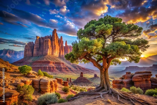 Captivating Double Exposure Photography of Fisher Towers Blending with Majestic Juniper Tree in a Stunning Landscape Scene