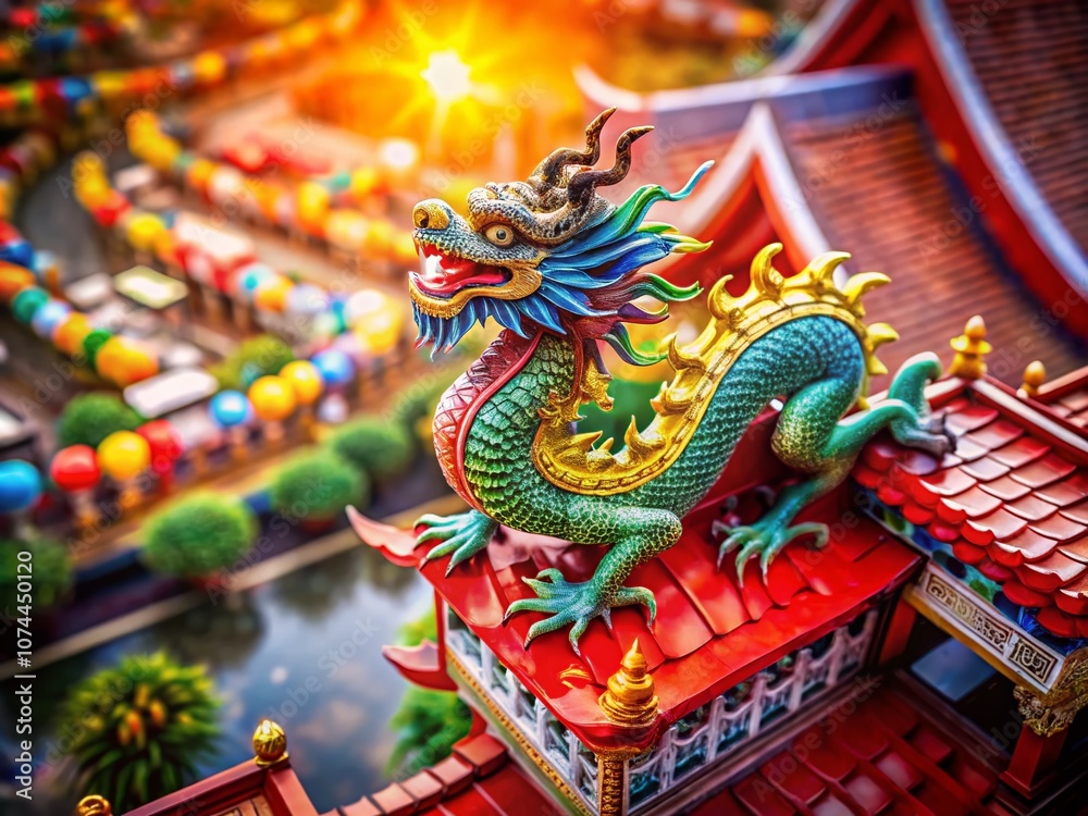 Captivating Drone Photography of a Majestic Chinese Dragon Statue Set Against a Vibrant Red Background with Ample Copy Space for Creative Use or Marketing Needs Captivating Drone Photography of a Majestic Chinese Dragon Statue Set Against a Vibrant Red Background with Ample Copy Space for Creative Use or Marketing Needs