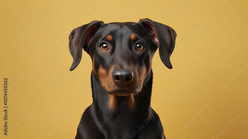portrait of a Doberman against yellow background 