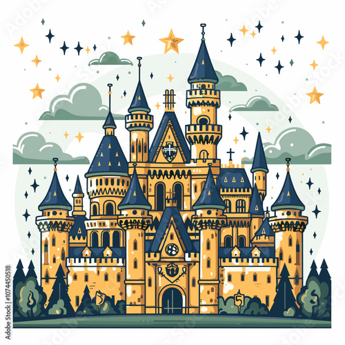 Night landscape with forest and stars. Vector illustration in cartoon style.