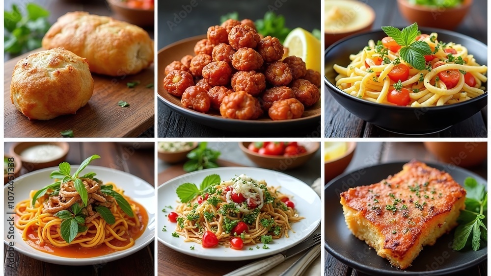 Photographically styled various dishes scene, different-cuisines and textured Photographically styled various dishes scene, different-cuisines and textured