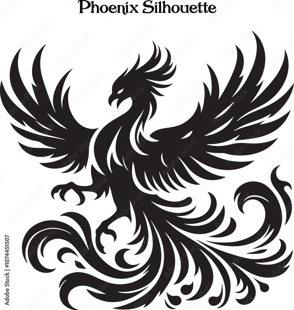 Obraz premium Phoenix Bird Black Silhouette Isolated Vector . A powerful phoenix silhouette with wings spread, symbolizing rebirth and strength.