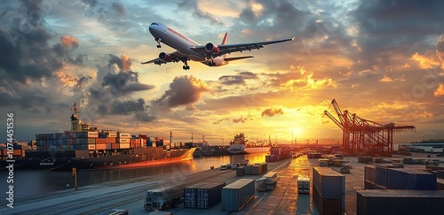 A cargo plane flies over the dock, where trucks and ships filled with containers stand ready for their journey to various cities around the world. photo