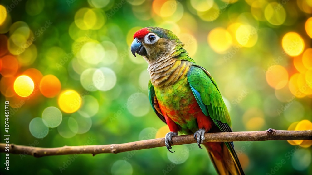 Obraz premium Captivating Green Cheeked Conure Parrot Perched on a Branch, Showcasing Vibrant Feathers Against a Lush Green Background with a Beautiful Bokeh Effect and Natural Lighting