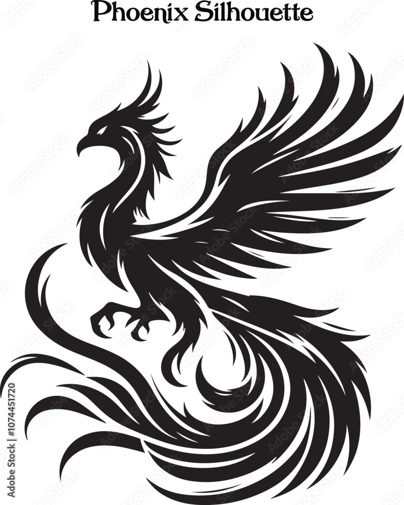Obraz premium Phoenix Bird Black Silhouette Isolated Vector . A powerful phoenix silhouette with wings spread, symbolizing rebirth and strength.