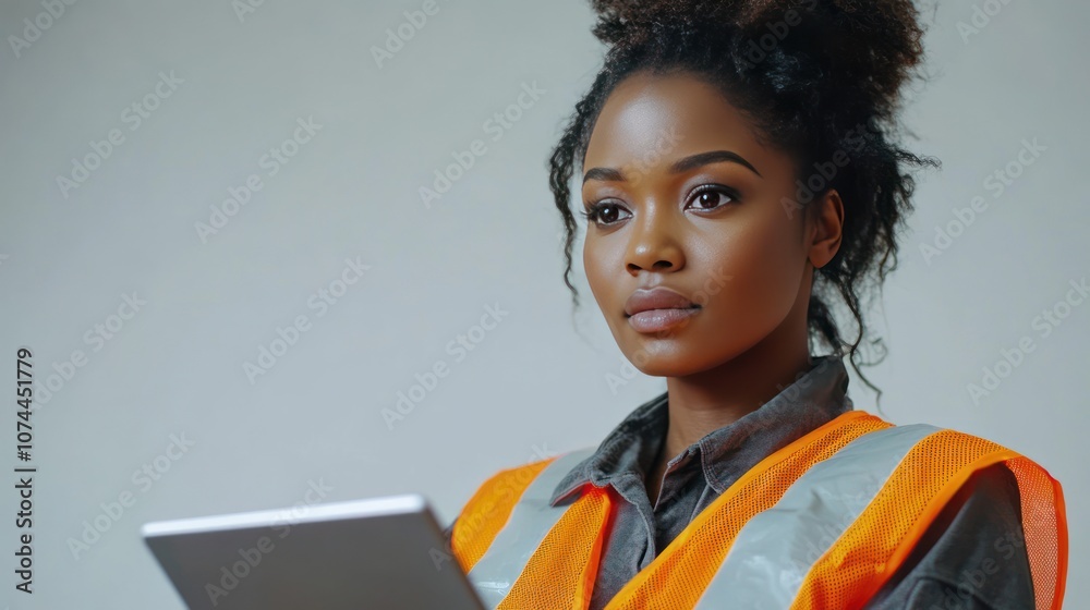 Female solar technician standing looking at plans on tablet on white background, wearing reflective vest, determined and focused face Female solar technician standing looking at plans on tablet on white background, wearing reflective vest, determined and focused face