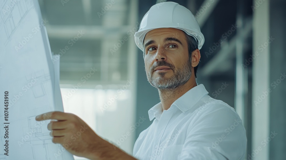 Male architect standing pointing out blueprints to team on white background, wearing shirt and hard hat Confident and leadership pose Male architect standing pointing out blueprints to team on white background, wearing shirt and hard hat Confident and leadership pose