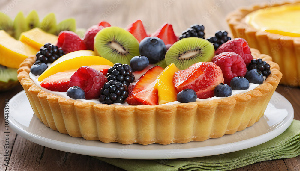 A colorful fruit tart filled with custard and topped with fresh fruit. Suitable for marketing or business purposes. Panoramic banner with place for text A colorful fruit tart filled with custard and topped with fresh fruit. Suitable for marketing or business purposes. Panoramic banner with place for text