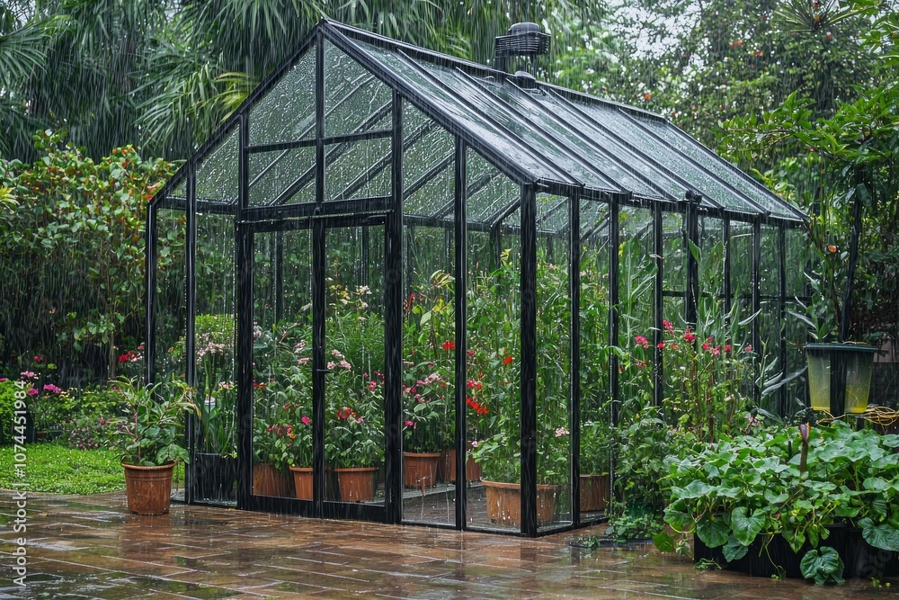 A glass greenhouse in the rain, the glass panels streaked with water