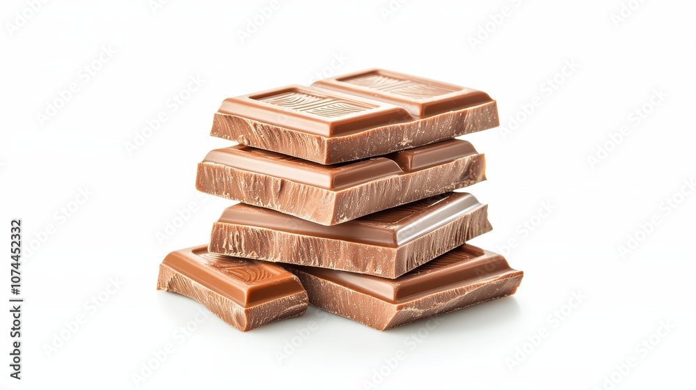 A stack of smooth milk chocolate pieces, rich texture and glossy finish, isolated on a clean white background, showcasing crisp edges and creamy shine A stack of smooth milk chocolate pieces, rich texture and glossy finish, isolated on a clean white background, showcasing crisp edges and creamy shine