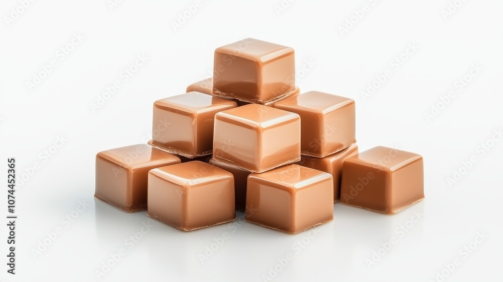 A pyramid of milk chocolate blocks, glossy and smooth, resting on a pure white background, detailed highlights on the rich chocolate surface A pyramid of milk chocolate blocks, glossy and smooth, resting on a pure white background, detailed highlights on the rich chocolate surface
