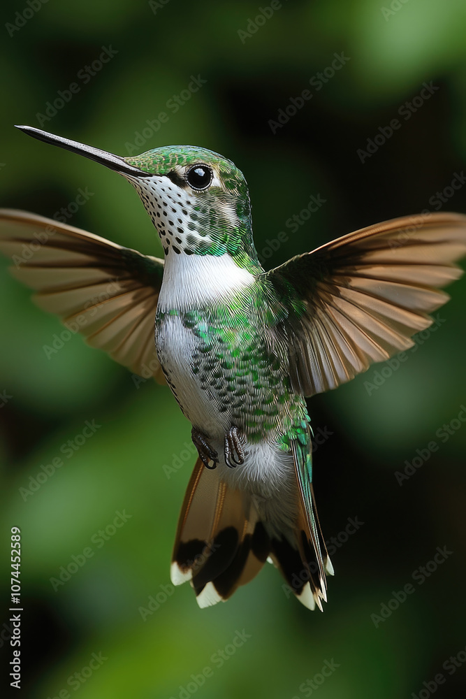 Obraz premium A green hummingbird flutters in mid-air, showcasing its colorful feathers while approaching flowers in a bright and vibrant setting