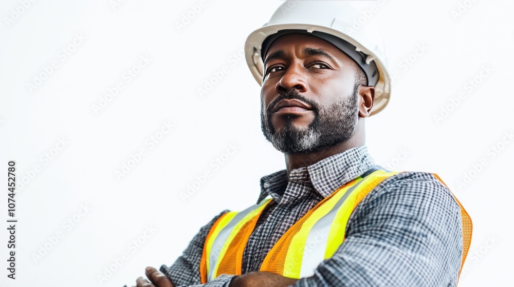 Male engineer standing observing work on white background, wearing hard hat and reflective vest, serious and meticulous expression Male engineer standing observing work on white background, wearing hard hat and reflective vest, serious and meticulous expression
