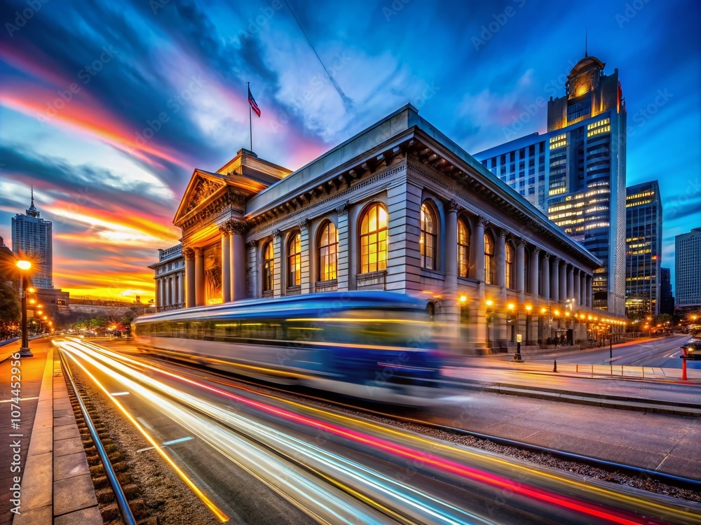 Fototapeta premium Captivating Long Exposure of a Street Car Gliding in Front of Union Station During Twilight, Showcasing Urban Life and Transit Dynamics in a Bustling City Environment