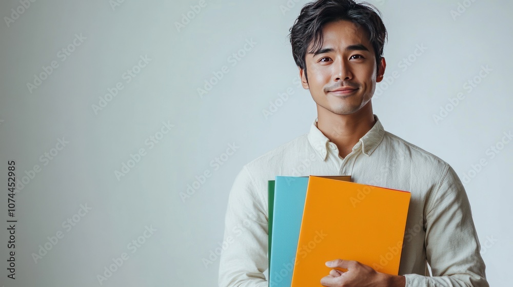Male fashion designer standing holding colorful file on white background, wearing fashion clothes. Proud and ready for design work